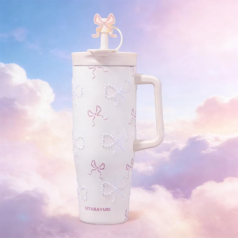 Copo Térmico 1200ml Aço Inoxidável SUS304 Design com Laços Pérolas e Corações Alça Ergonômica e Tampa com
