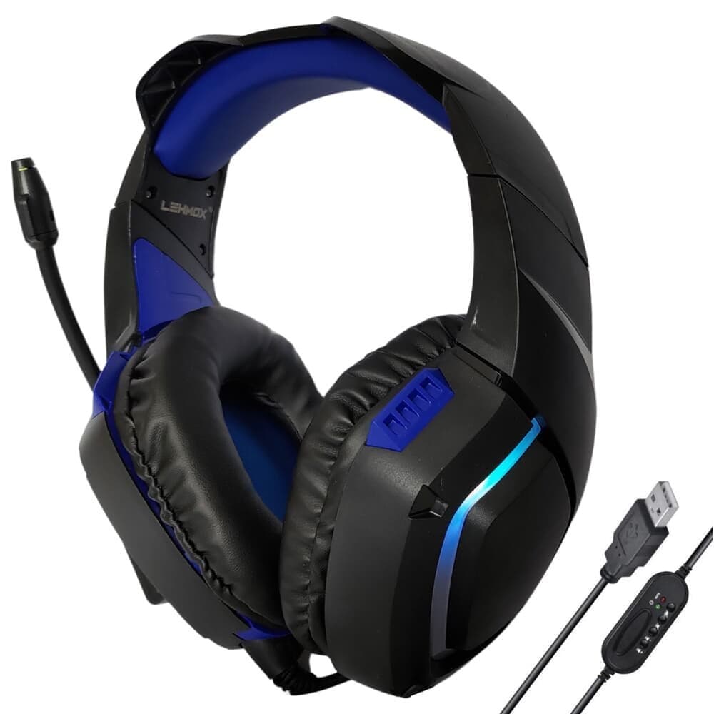 Fone De Ouvido Gamer LED Com Fio Usb Microfone Para Jogos Lehmox Hyper Gt Azul