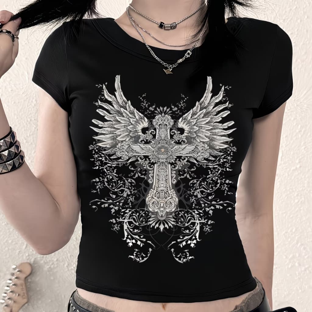 Blusa Cropped Cruz Gotico Asas Moda Feminina Y2k Algodão Babylook ENVIO IMEDIATO