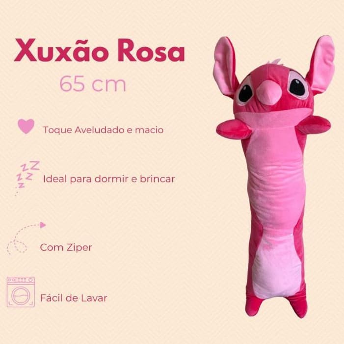 Travesseiro Xuxão Almofada de Corpo Rosa, Angel Stitch 65 cm, Bichinho de Pelúcia, Dormir e Brincar