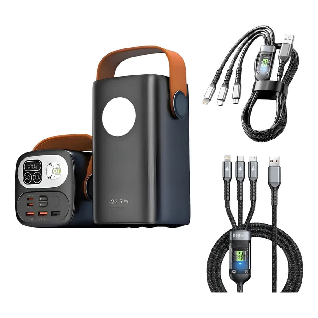 Power Bank 60.000mah 22,5w 3 Usb 2 Type C Luz + Cabo 3 Em 1 Preto