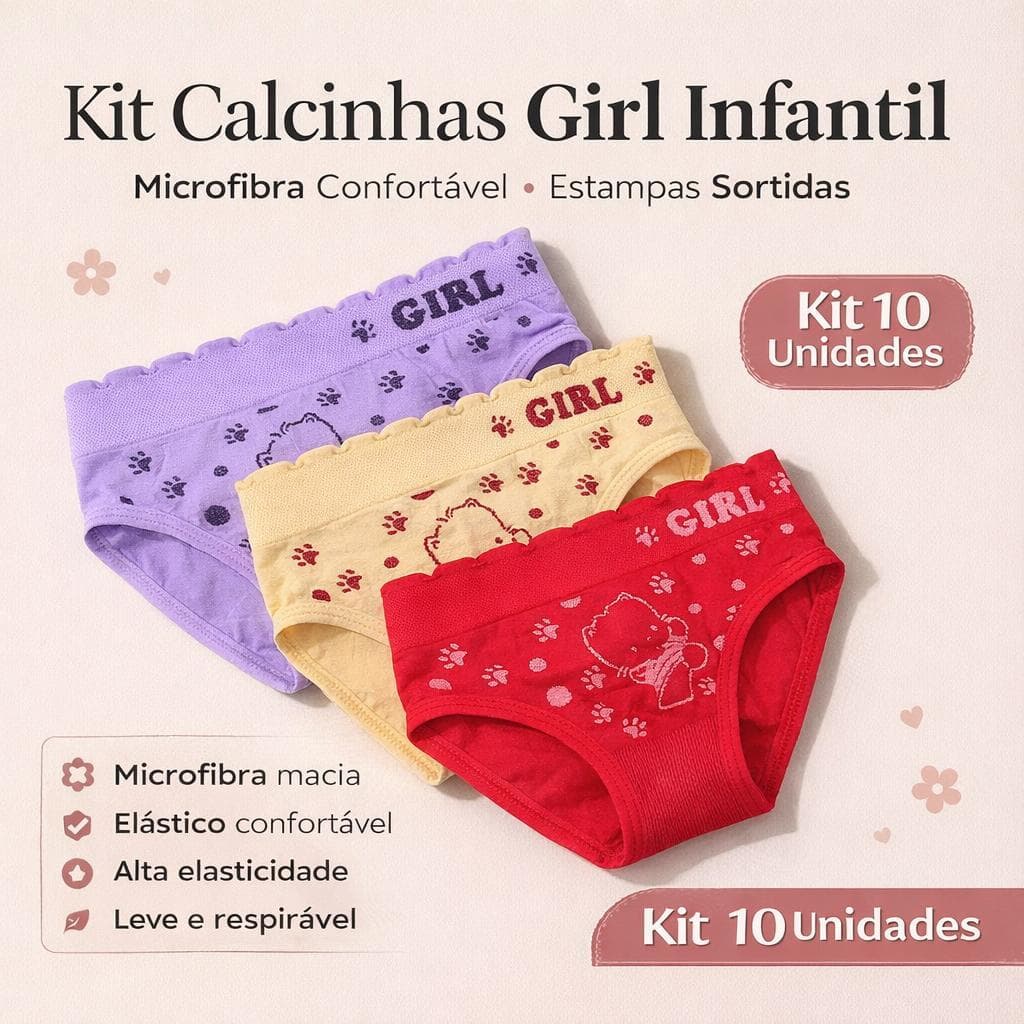 Kit 10 Calcinhas Infantil Girl Microfibra Confortável Estampada Criança Menina