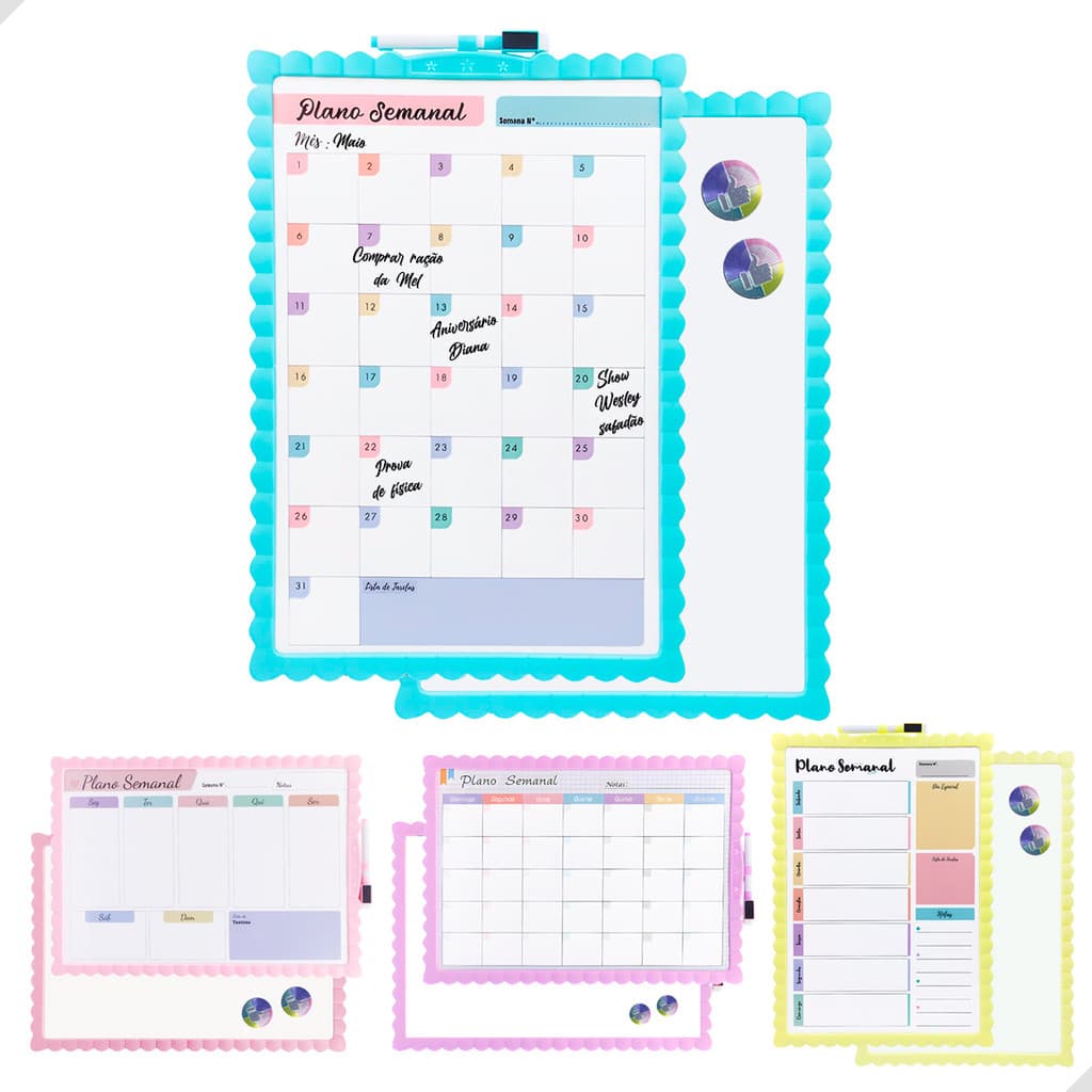 Quadro Planner Semanal e Mensal Magnético com Caneta com Apagador Lousa Branca Moldura Colorida