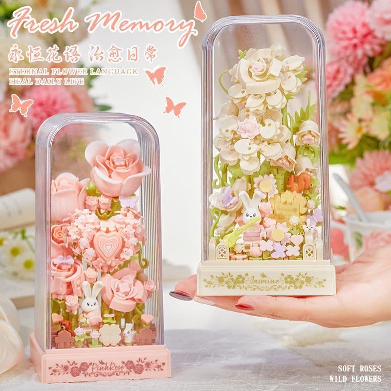 Blocos de construção montagem de rosas flores preservadas ornamentos luminosos presentes para meninos e meninas