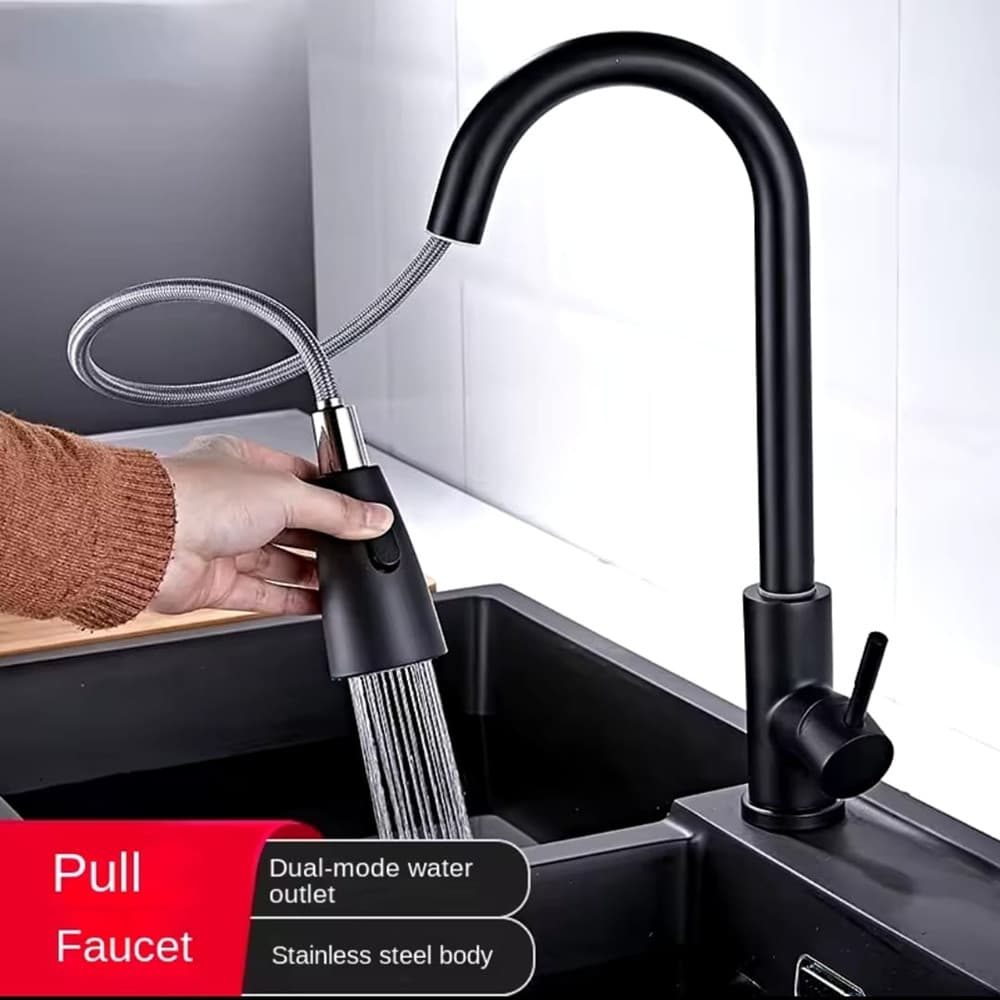 Torneira de cozinha em aço inoxidavel furo unico bico removivel cabeça de spray de fluxo giratoria 360 na cor preto