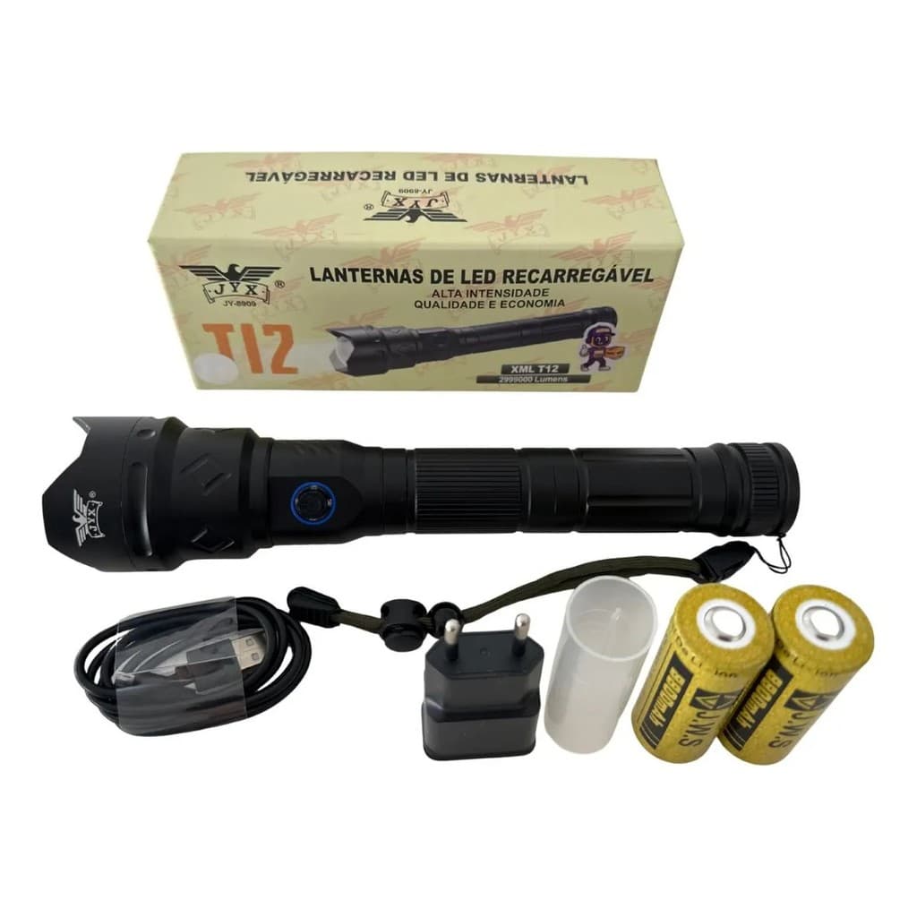 Super Lanterna Tática Led T12 2 Baterias 26650 Recarregável Branco JY-8909