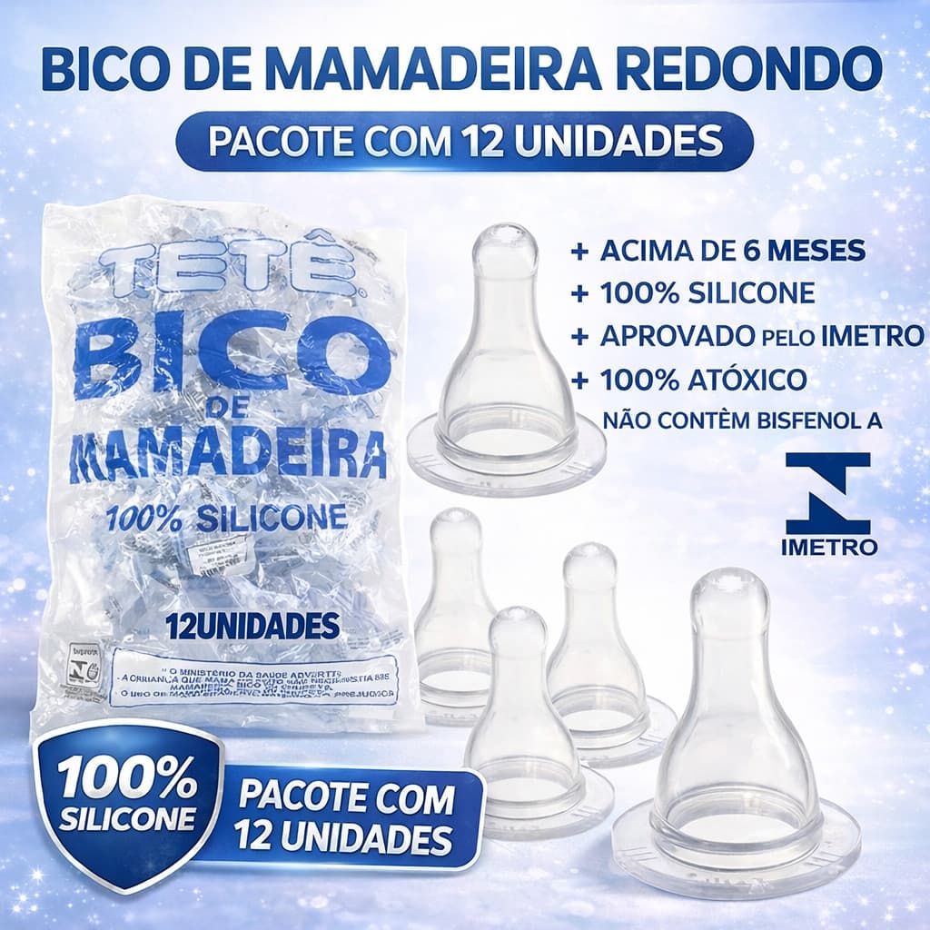 Kit 12 Unidades Bicos de Mamadeira Redondo 100% Silicone Tetê Aprovado Pelo Inmetro Para Bebês