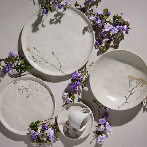 Aparelho De Jantar 30 Pc Bio Campestre Stoneware Tendência Bege Florido