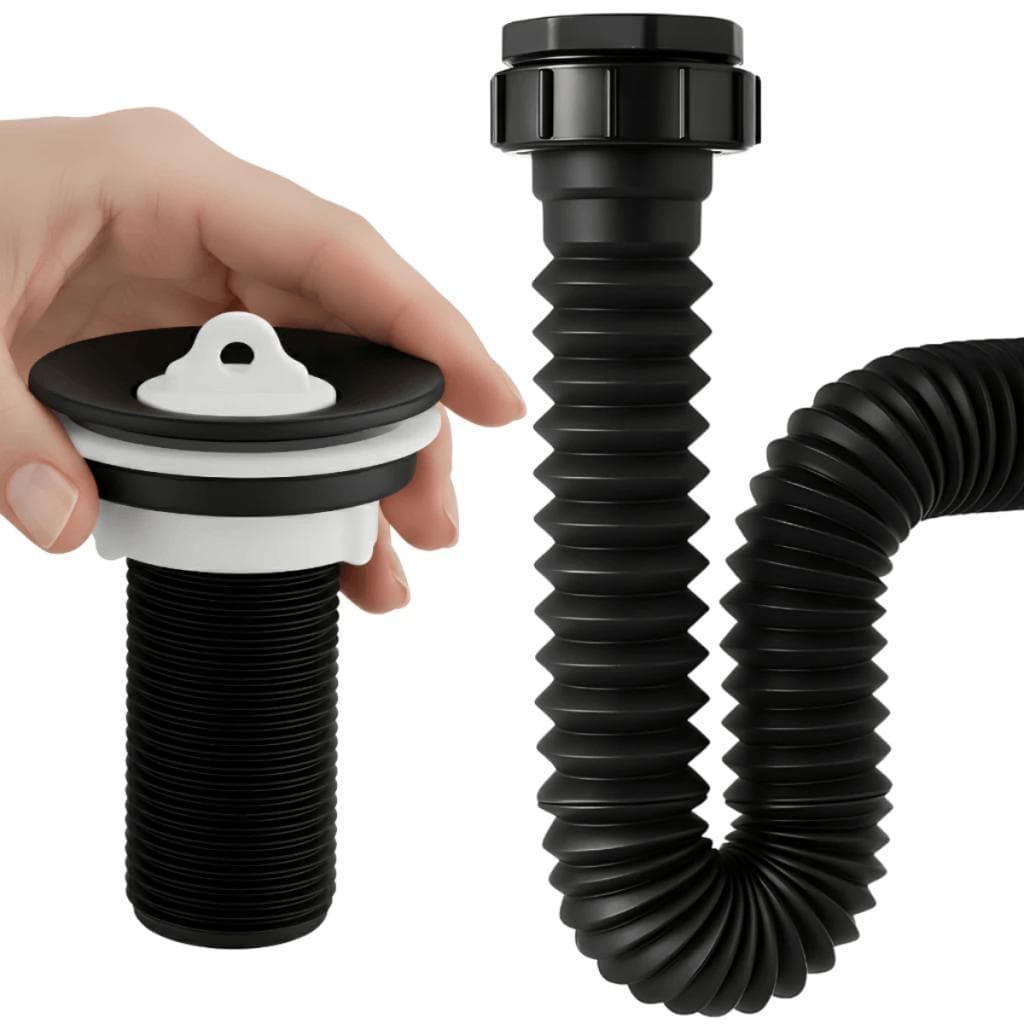 Kit Válvula Lavatório 7/8 + Sifão 70cm Preto em ABS com Encaixe Universal
