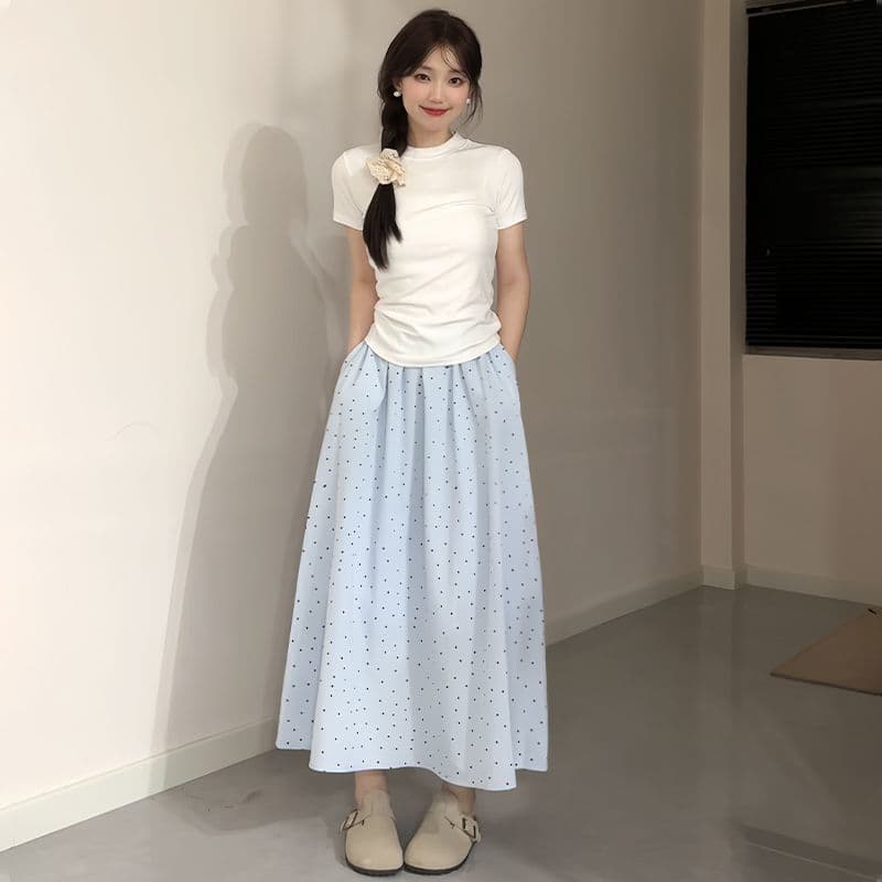 Polka Dot azul saia feminina verão novo estilo cintura alta a linha All-Match simples mais magro olhar de comprimento mé