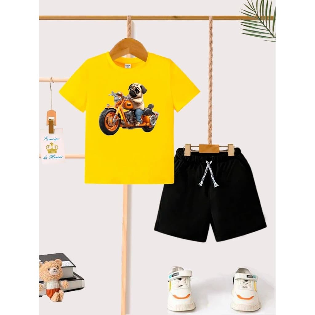 Camiseta + Short Conjunto Infantil Pug Motoqueiro Moda Teen Conjunto De Bermuda Juvenil Conjunto De Bermuda Juvenil