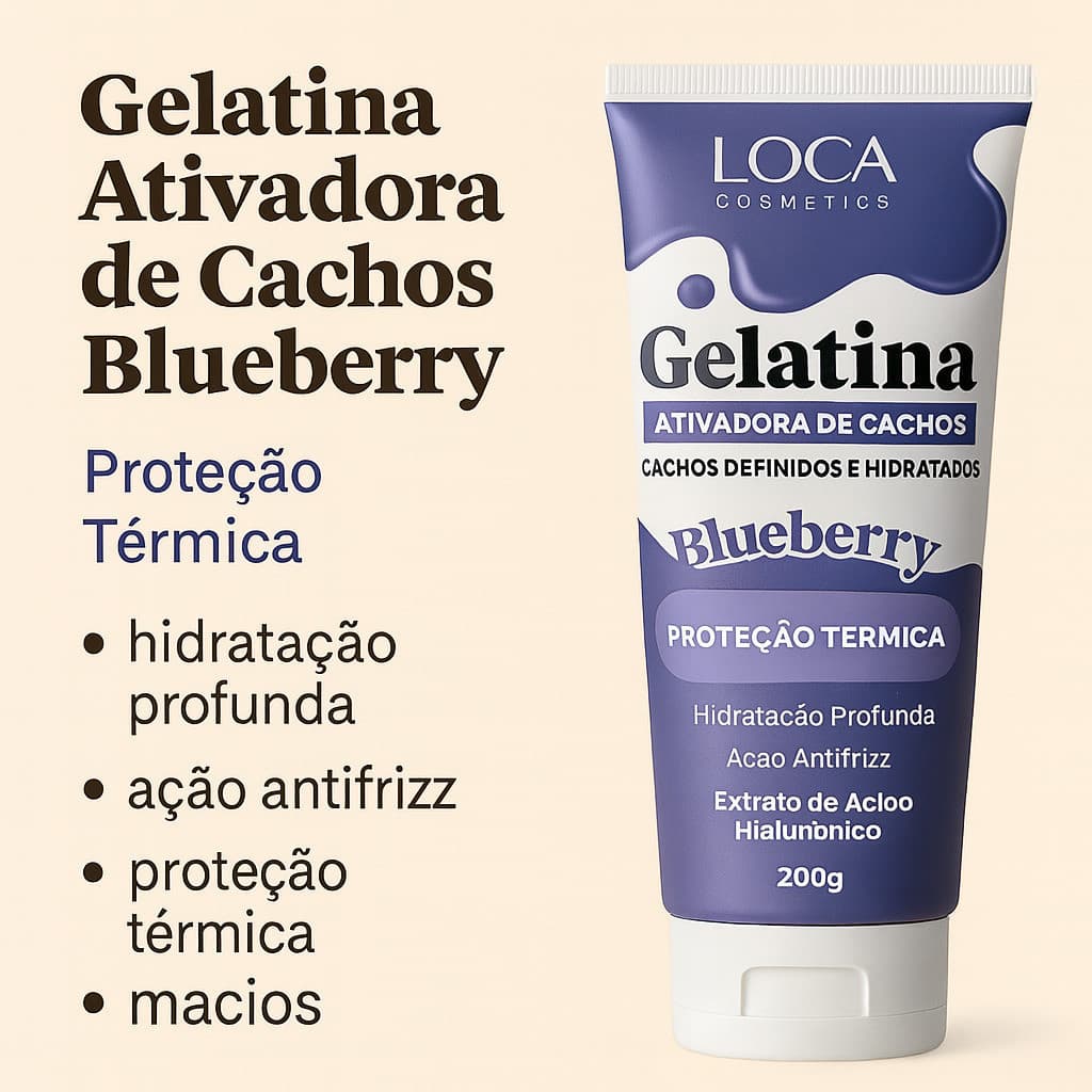 Gelatina Ativadora de Cachos Blueberry 200g – Proteção Térmica e Hidratação | Loca Cosmetics
