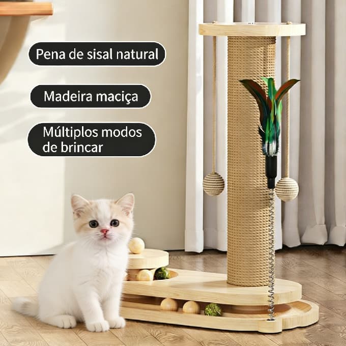 Kit de Brinquedos para Gatos com Arranhador de Sisal - Torre Interativa com Bolas de Madeira para Gatos de Todas as Idad