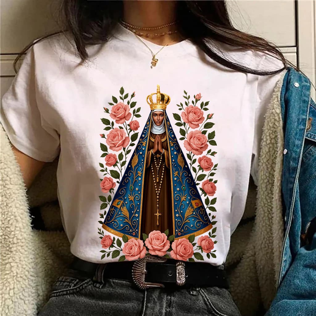 Camiseta Nossa Senhora Aparecida Religiosa Católica Cristã Camisa Casual Tecido Premium Mãe Aparecid