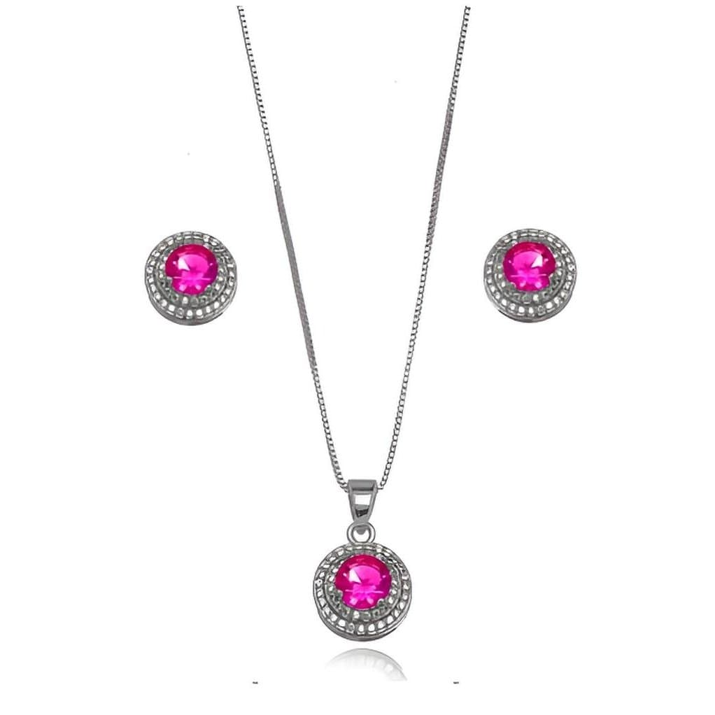 Conjunto Redondo Rosa Pink Cravejado Banho Ouro Branco