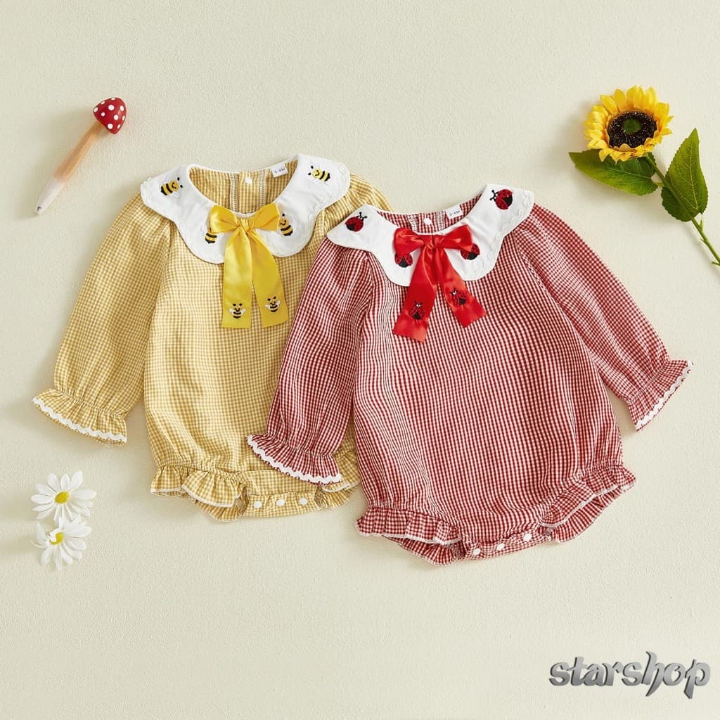 Starshop-Macacão Para Bebês Meninas Manga Comprida Gola Boneca Joaninha/Abelha Bordado Body Roupa De Primavera