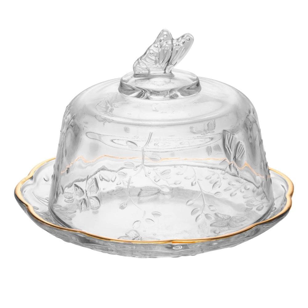 Queijeira de Cristal com Tampa New Butterfly Fio de Ouro 19,5cm Lyor - Porta Queijo Redondo de Mesa