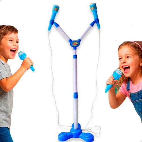 Microfone Infantil Duplo Com Pedestal Luz E Som Azul - Baby