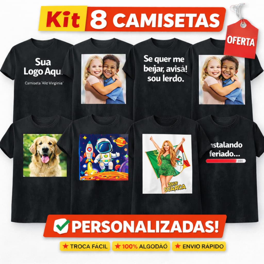 Kit 8 Camisas Camisetas Personalizadas Conjunto Casal Sua Logo Aqui 100% Algodão