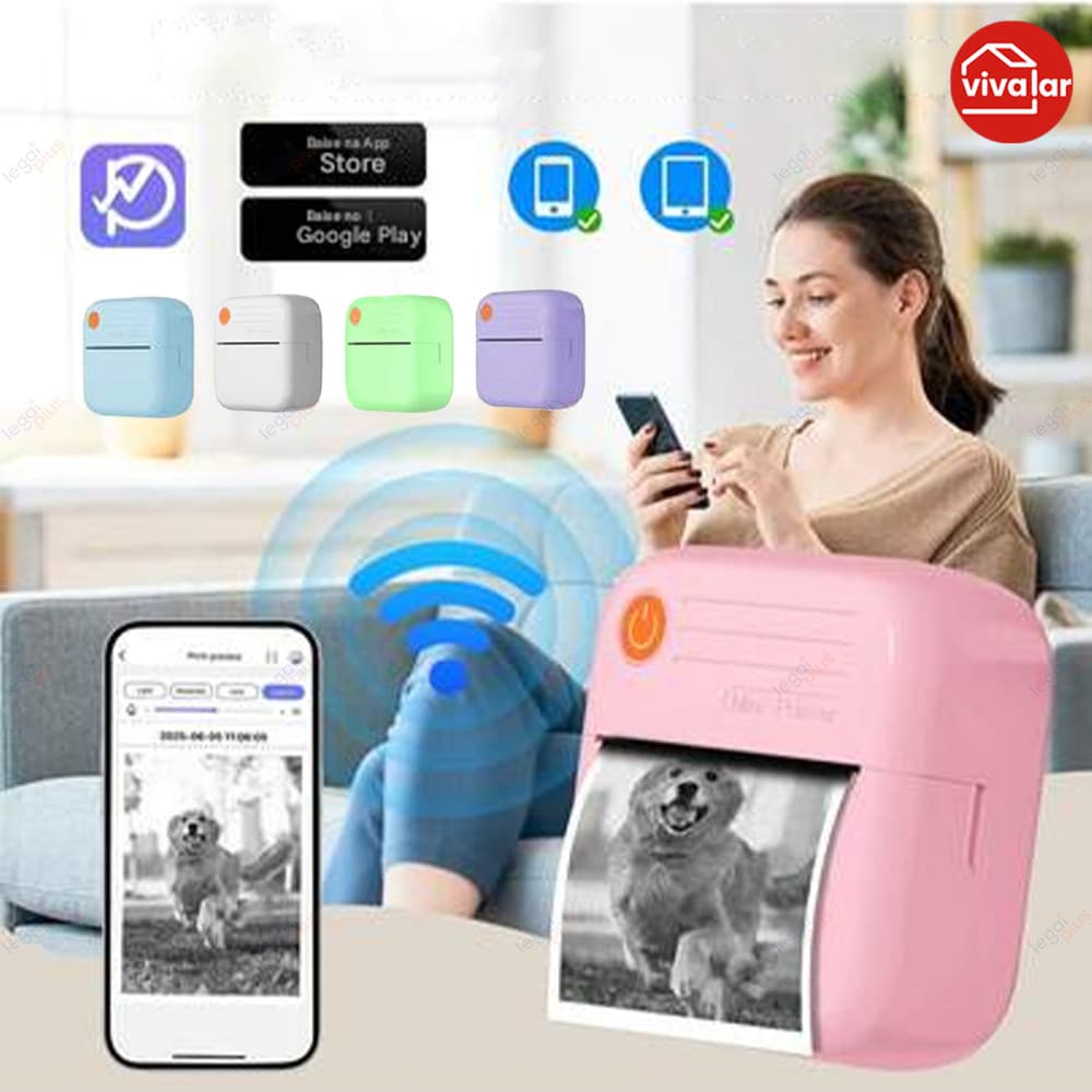 Nova mini impressora: modelo portátil e sem fio, compatível com sistemas Android e iOS, impressão em papel térmico.
