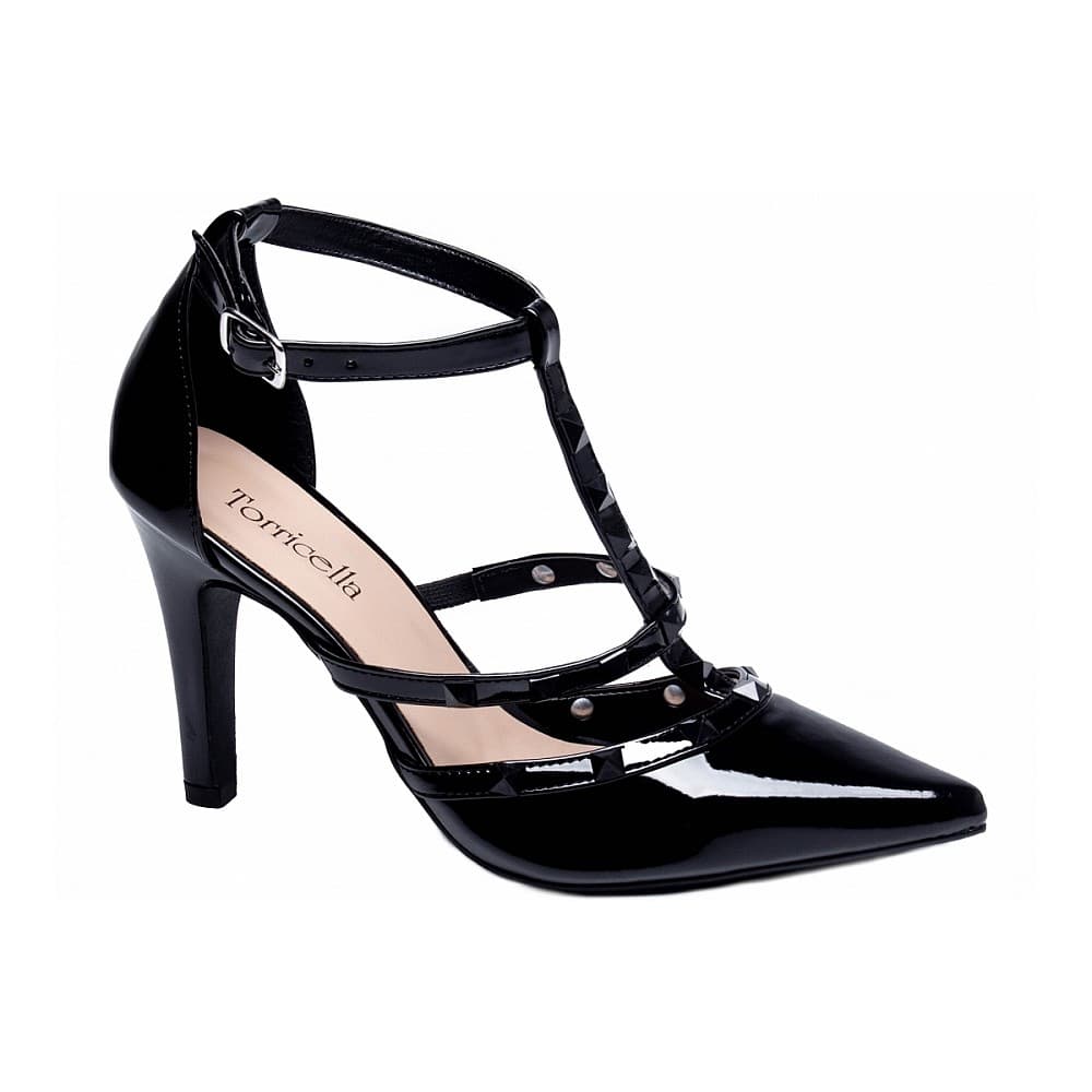 Sapato Scarpin Salto Fino Ajuste Fivela Bico Fino Apliques Verniz Preto