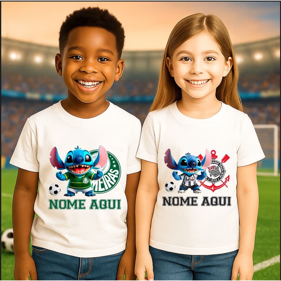 Camiseta Infantil Personalizada Stitch Times Corinthians Palmeiras Santos São Paulo FC Menina Menino Unisex
