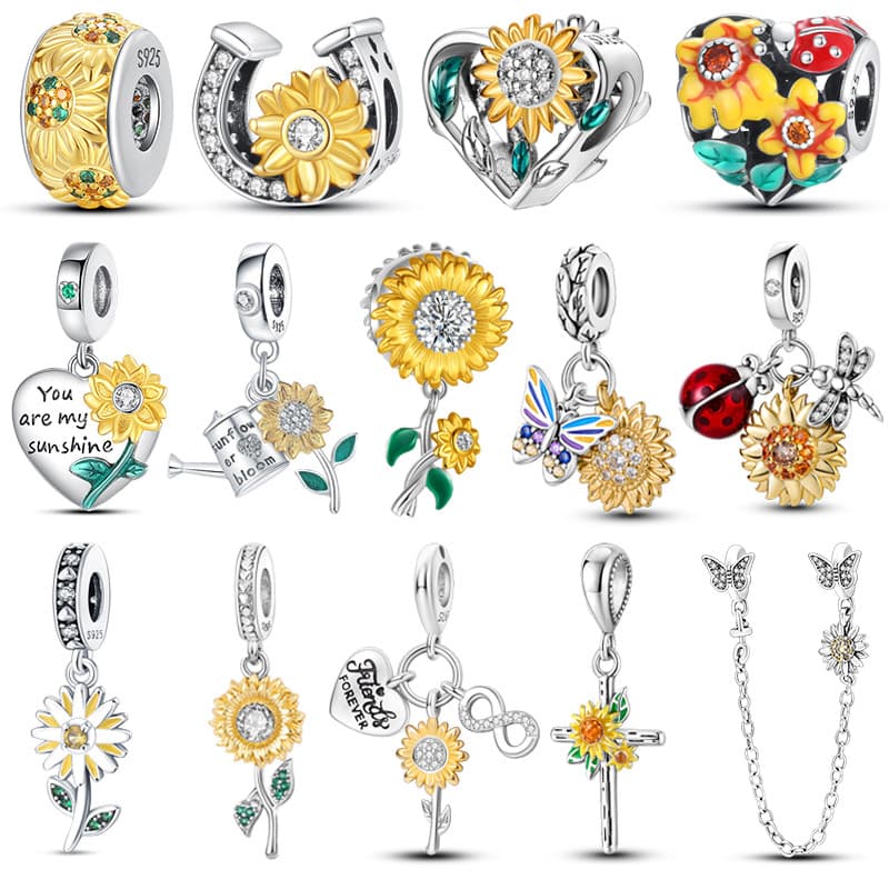 Encantos Berloque 925 Prata Girassóis Dourados Coração Contas Slinger Decorações Caber 4MM Buraco Diâmetro Pulseiras Lux