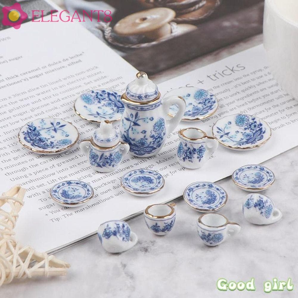 AELEGANT 15 Peças 1 : 12 Conjunto De Xícara De Chá De Porcelana Em Miniatura , Talheres Bule De Casa De Bonecas De Cozin