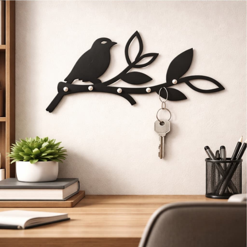 Porta-Chaves Decorativo de Parede com Pássaro – MDF 3mm Preto Fosco