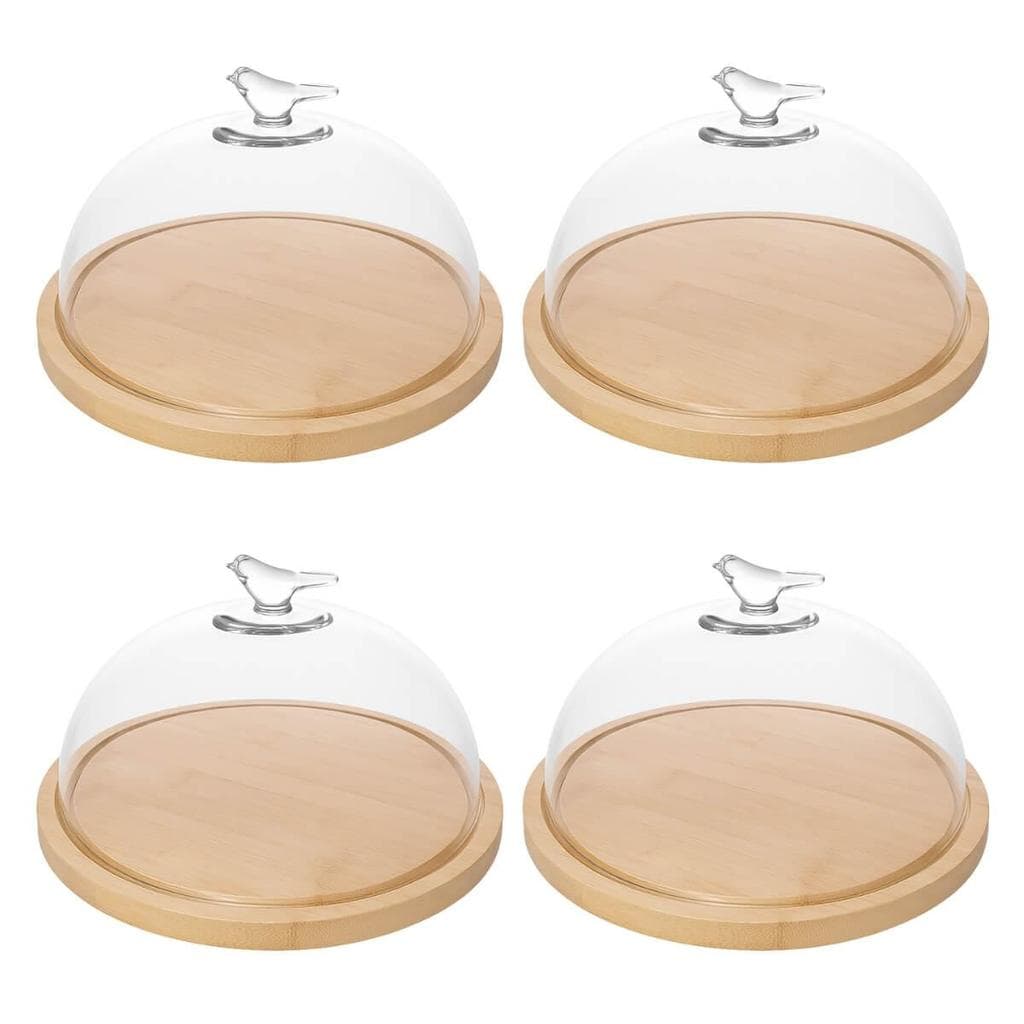 Kit 4 Porta Queijos de Bambu com Cúpula Vidro Queijeira Bird Tábua Frios Wolff