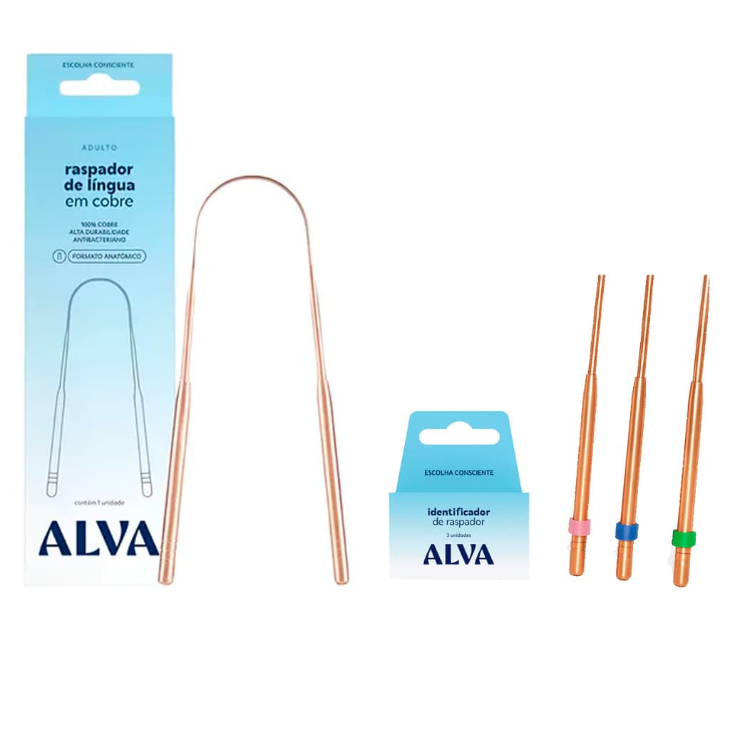 Kit Raspador De Língua 100% Cobre Alva + Identificador