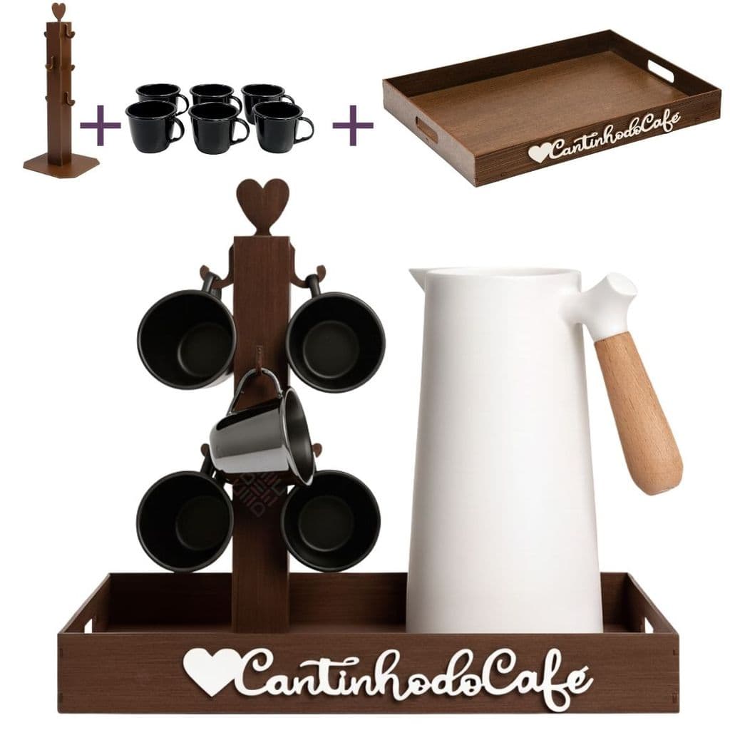 Kit Bandeja Cantinho Do Café Em MDF Com Canecas E Suporte 6 Xícaras Combo Para Cozinha Decorativa