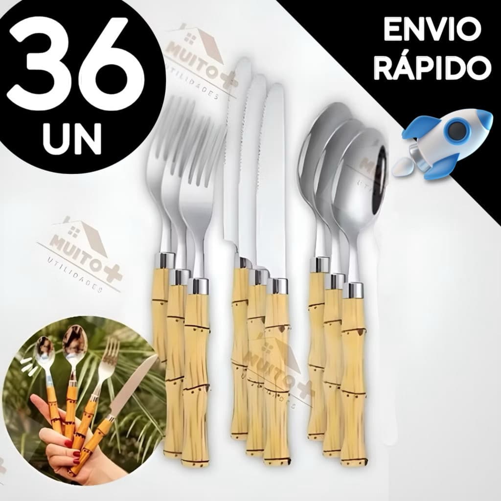 Conjunto Jogo de Talheres 36 Peças Facas Garfos Colher Aço Inox de Cabo Plástico Bambu