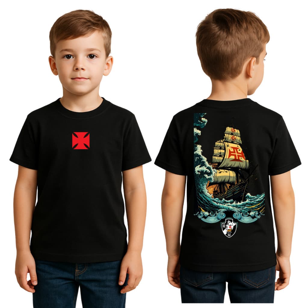 Camiseta Preta Vasco Infantil com Estampa de Caravela– Camisa Estilosa Torcedor Mirim