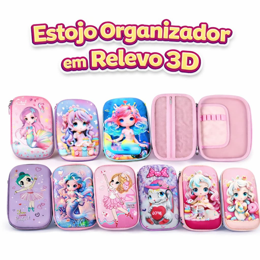 Encante na volta às aulas com esse estojo organizador em relevo 3D, lindo, prático e super resistente! - promo