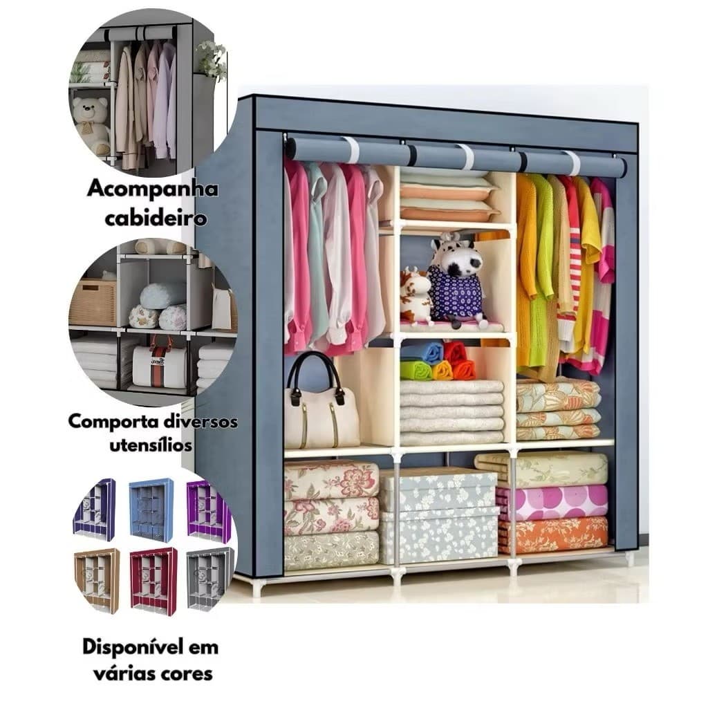 Guarda Roupa Dobrável 3 Portas Armário Organizador Portátil Multiuso Cabideiro Sapateira Impermeávél Olaola