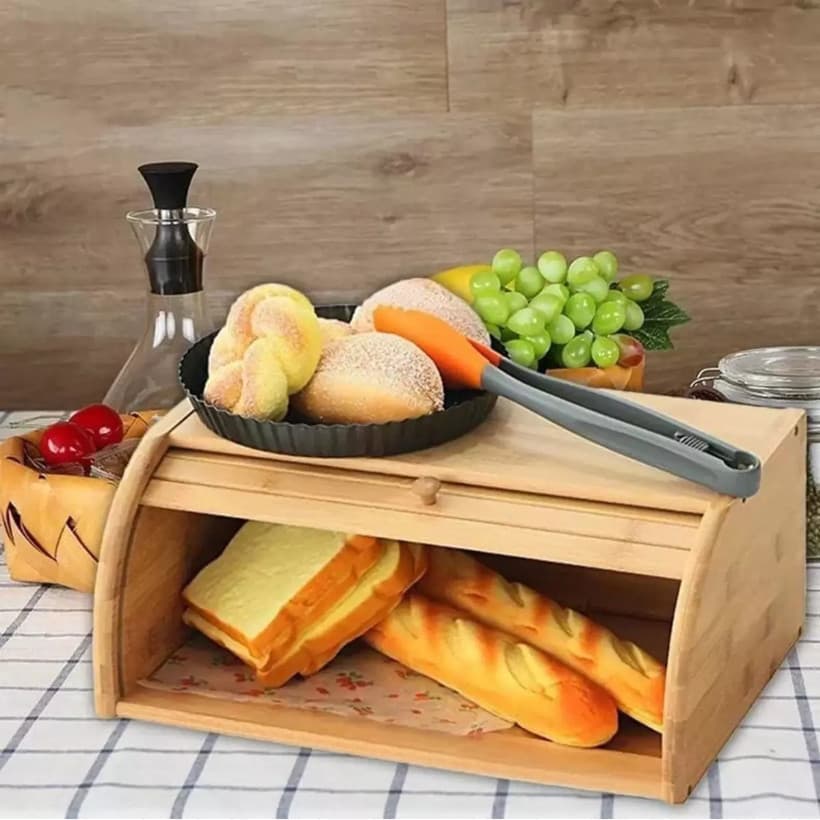 Porta Pão De Bambu Gourmet Com Tampa Retrátil Prática