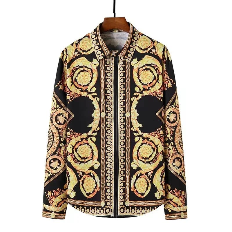 Camisa casual preta e dourada com estampa retrô, camisa masculina de manga longa para o verão, camisa com gola estampada