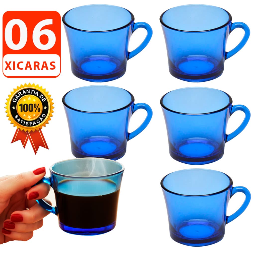 KIT JOGO 6 XICARA CHA CAFE VIDRO AZUL 200 ML MOD SINO SEM PIRES XICARAS OCEANO