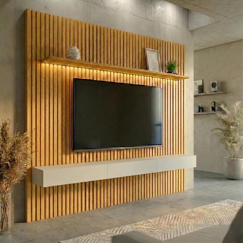 Painel Ripado com Rack Suspenso até 70 Polegadas Tulum com LED 1 PT 2 GV Cedro e Off White Alt 218 Larg 222 cm