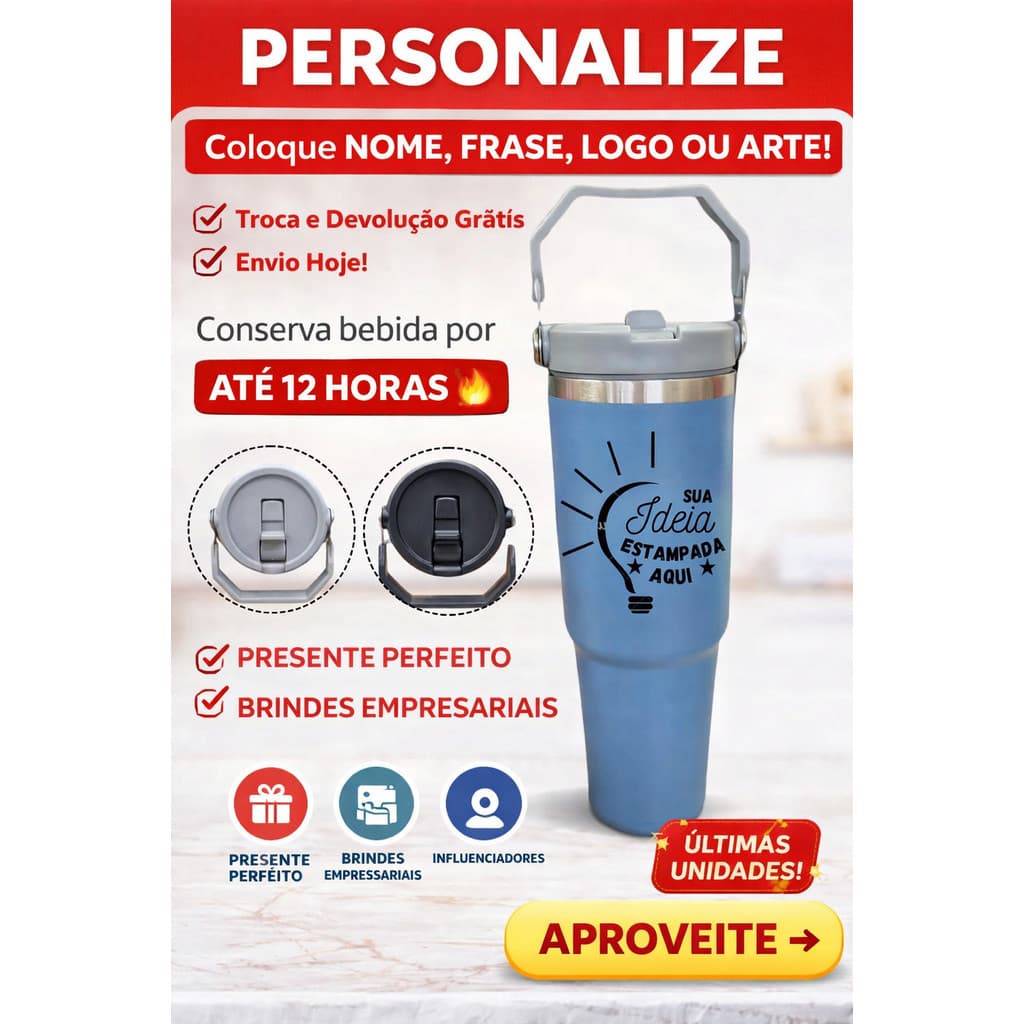 Garrafa Térmica 900ml Personalizado Aço Inox com Canudo