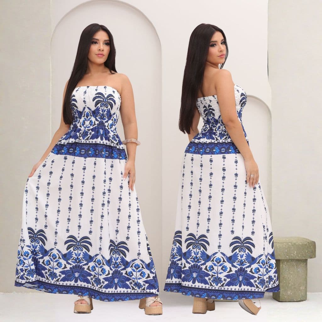 Vestido Longo Tomara que Caia com Elastex, tendencia Verão 2025 azul