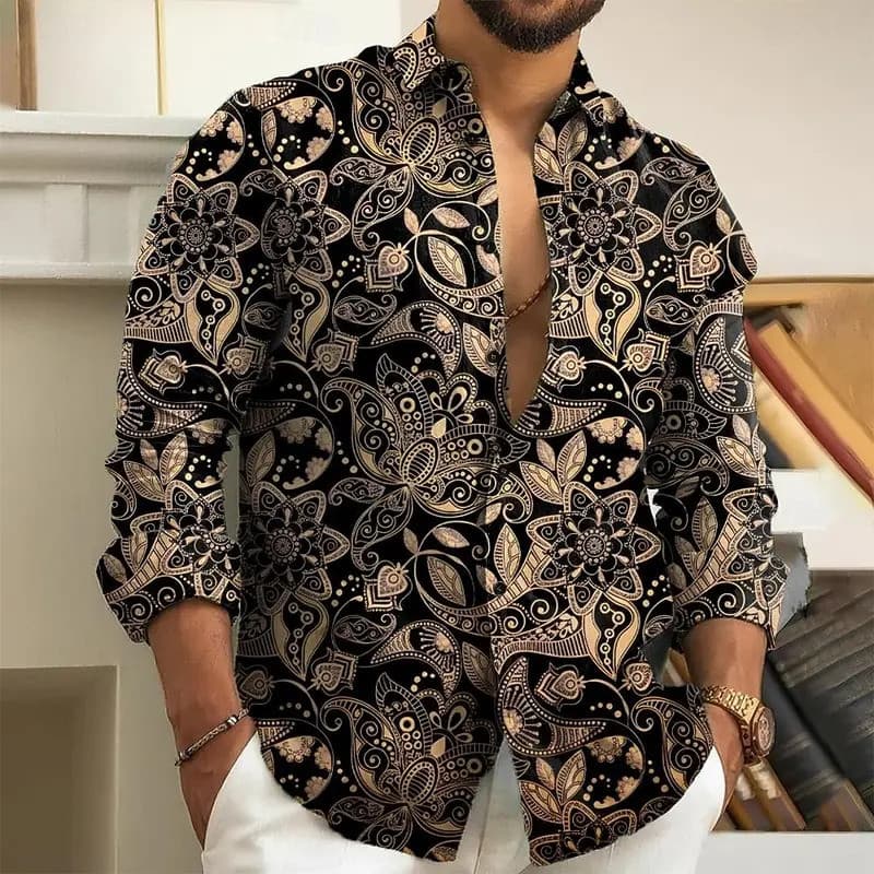 Camisa Masculina de Manga Longa com Padrão Floral Paisley 3D, Poliéster, Corte Slim, Estilo Casual Urbano, Blusa Tendênc