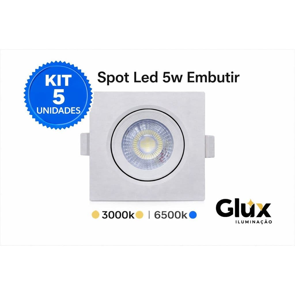 Kit 5 Luminária Led Spot 5W Redondo Quadrado Embutido Branco Frio Quente 3000k 6500k Bivolt