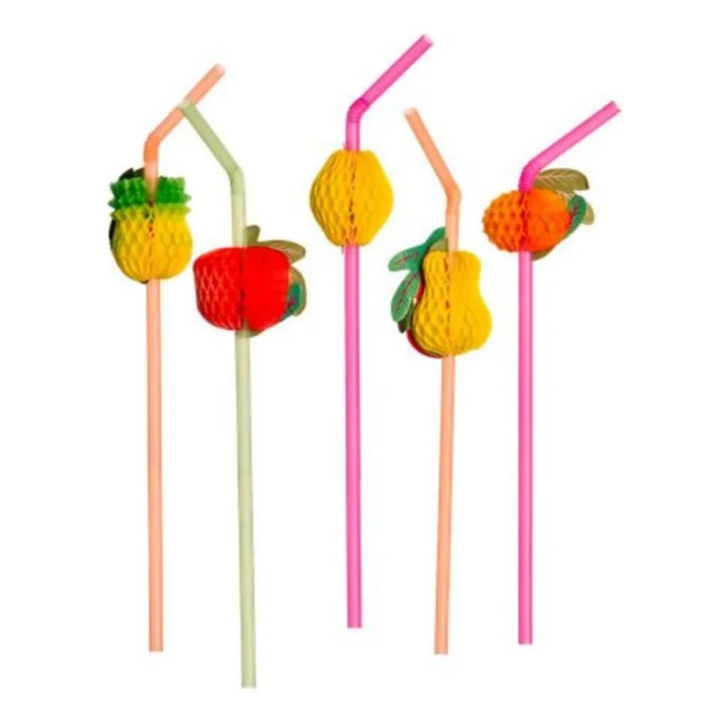 Kit 12 Canudos  Decorativos com Frutas de Papel Coloridas – Tema Tropical para Drinks e Bebidas