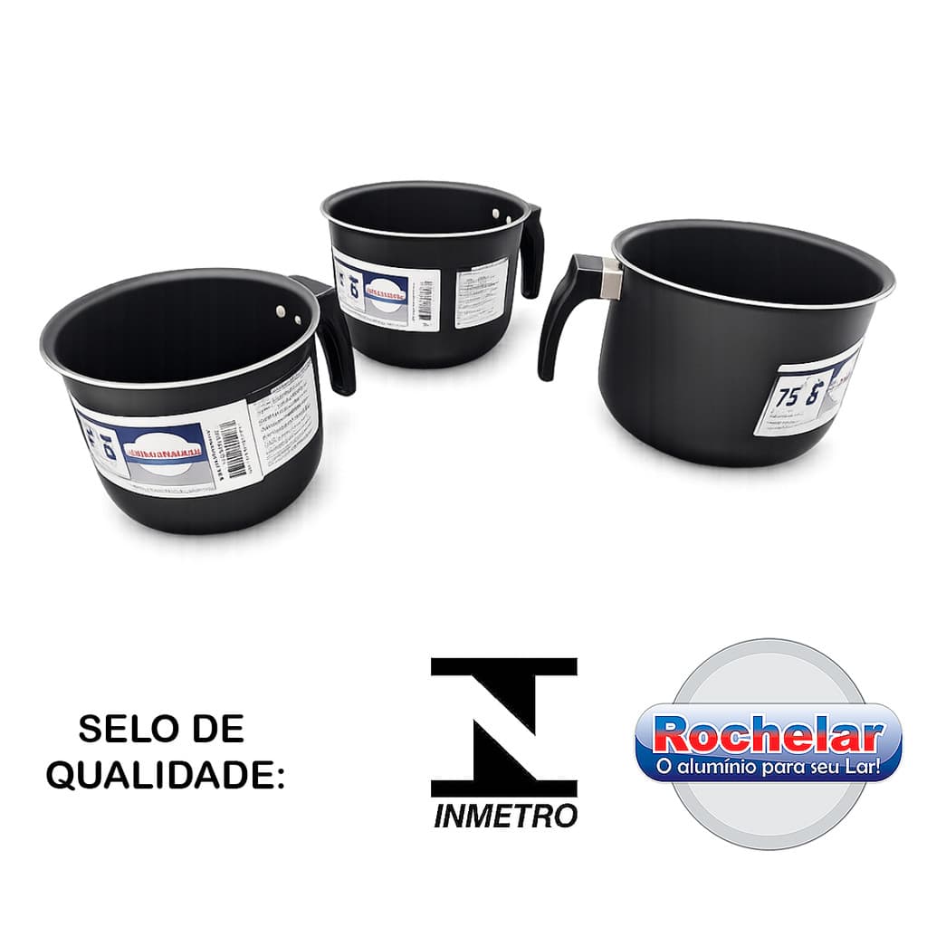 Jogo de Caneco Canecão Leiteira Kit 03 Peças Aluminio Craqueado Resistente Preto Elite
