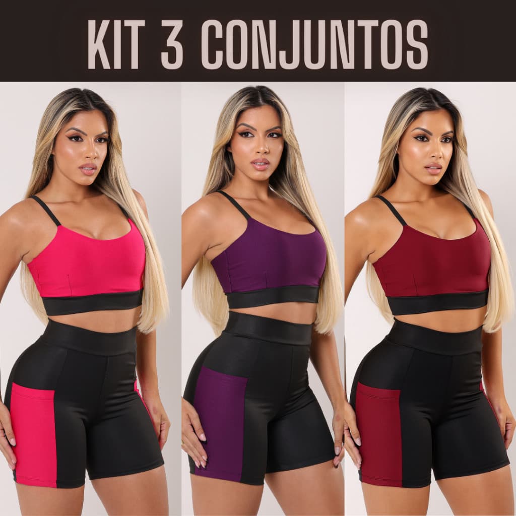 3 Conjunto Fitness Feminino Short e Top Com Bolso Lateral Para Academia Musculação