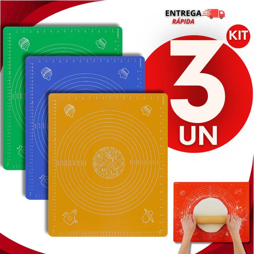 Conjunto 03 Tapete Culinário De Silicone Antiaderente 30x40CM Para Abrir Massas Bolos Cozinha Cores Sortidas