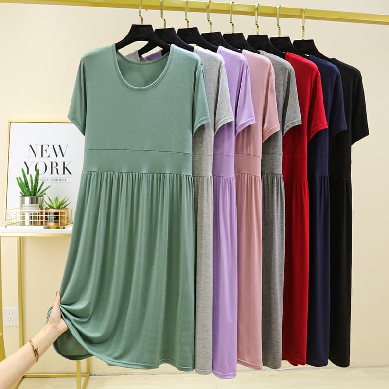 Modal vestido de manga curta feminino verão solto a linha saia mais magro olhar saia plissada estilo fino casa saia tama