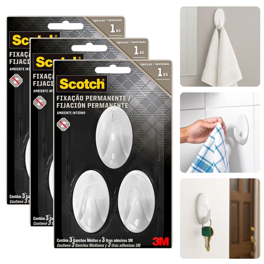 Kit Com 9 Ganchos Adesivo 3M Permanente Branco 1Kg Pendurar Acessórios Chaves Multiuso